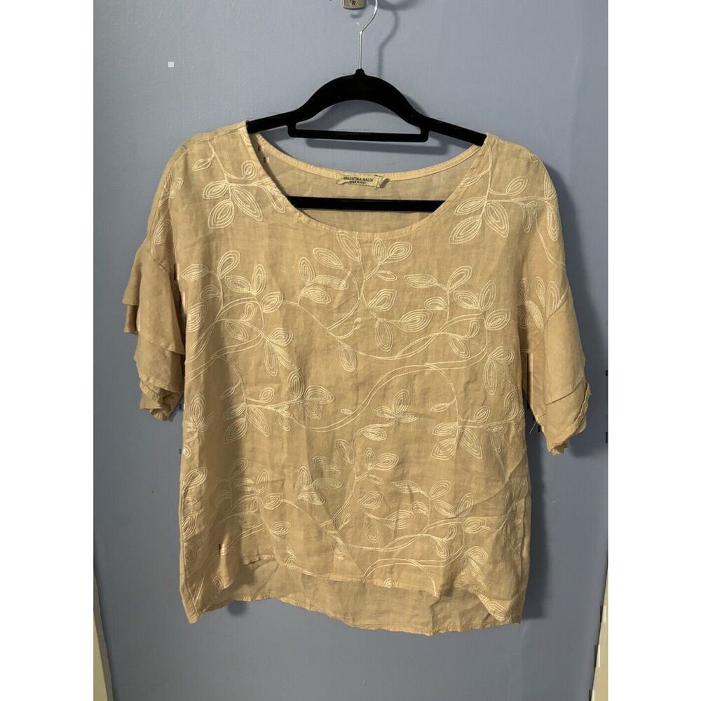 Valentina Naldi Made in Italy Blush Linen Embroidered Ruffle Sleeve Top Medium
